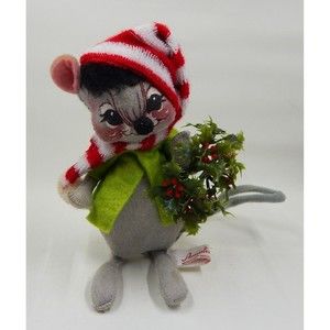 Annalee Mouse Christmas Holly Berry Wreath Red And White Stocking Hat 1983